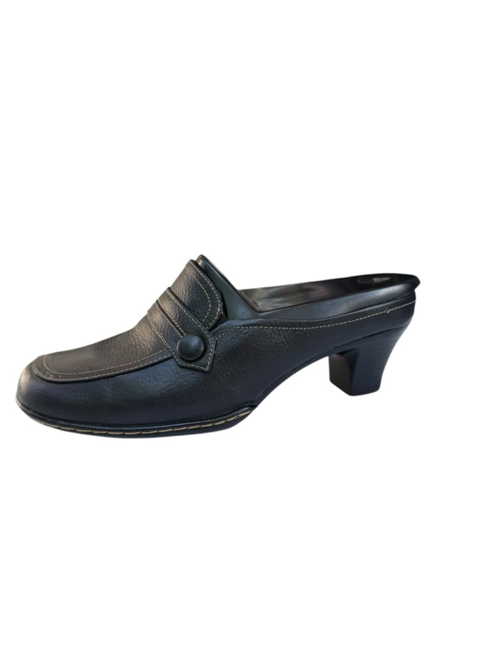Softspots Black Leather Slip-On Mule with Low Block Heel